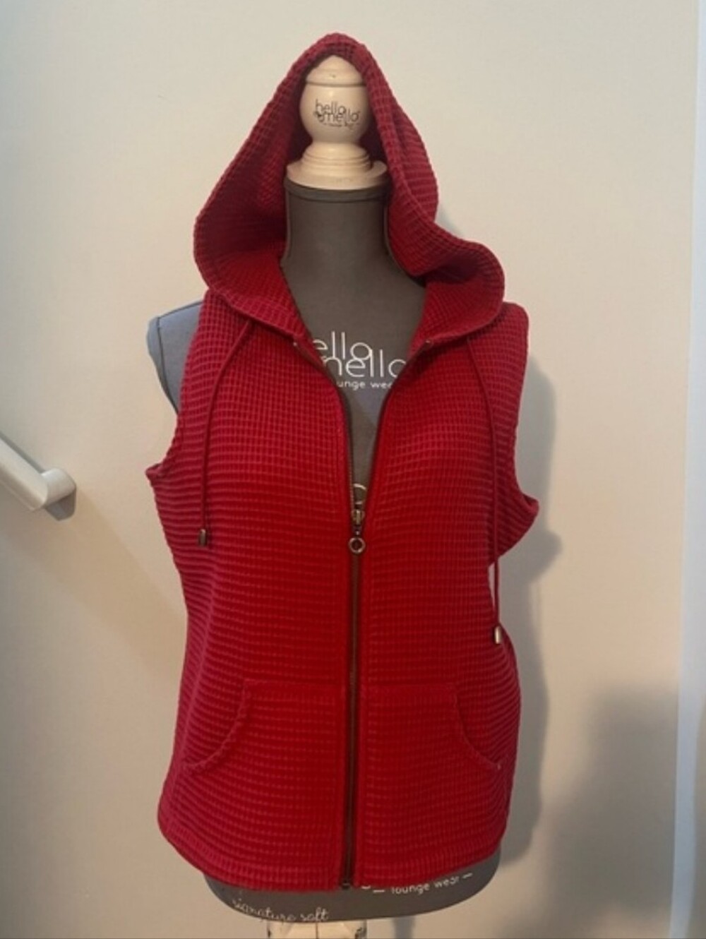 Red Hooded Sleeveless Zip-Front Vest
